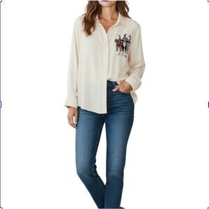PAOLO SANTINI Pure Silk Cats St Tropez Graphic Blouse- Shirt Sz 8 Cream Unique